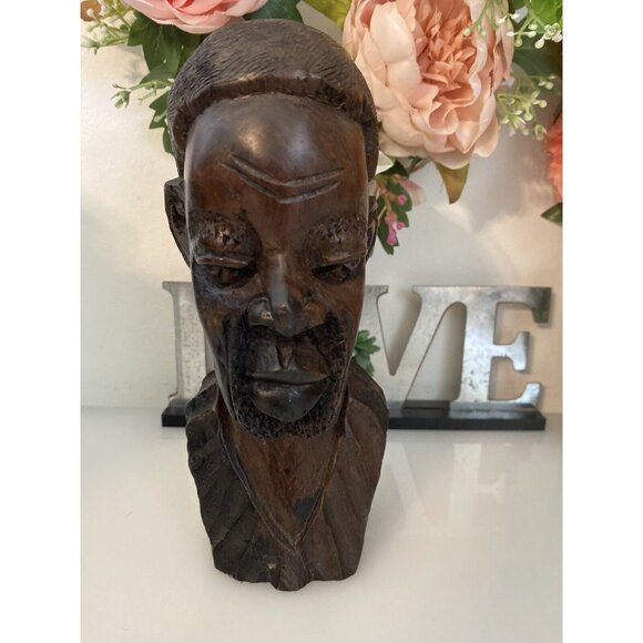 Vintage 1960s Tribal Man Hand Carved African Male Exotic Wood 8" Head Bust Stump - Picture 6 of 16